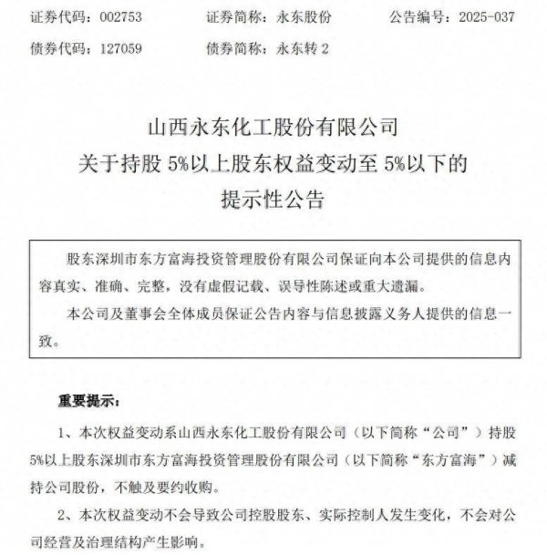 配资网站 永东股份第三大股东掉出减持降至5%以下，月初刚刚减持过