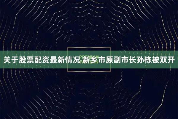 关于股票配资最新情况 新乡市原副市长孙栋被双开
